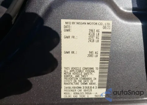 2021 Nissan Altima S Fwd z USA, uszkodzony, nr VIN 1N4BL4BV0MN398843
